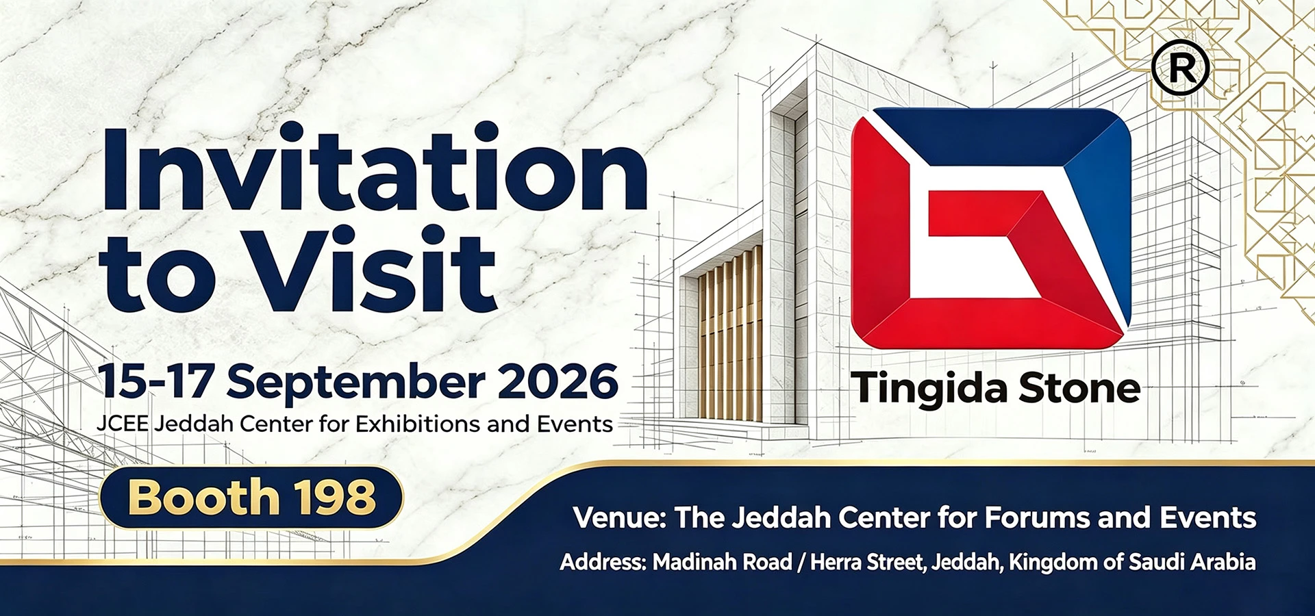 Tingida Stone invitation to visit Booth 198 at Jeddah Exhibition 2026